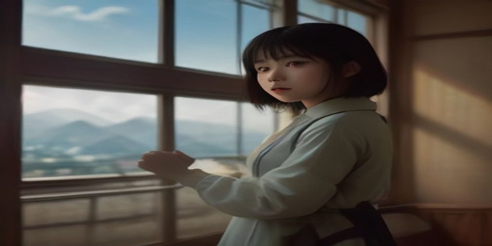 日在校园动画黄昏下的校园场景，空无一人的教室走廊，夕阳拉长影子，氛围压抑而安静